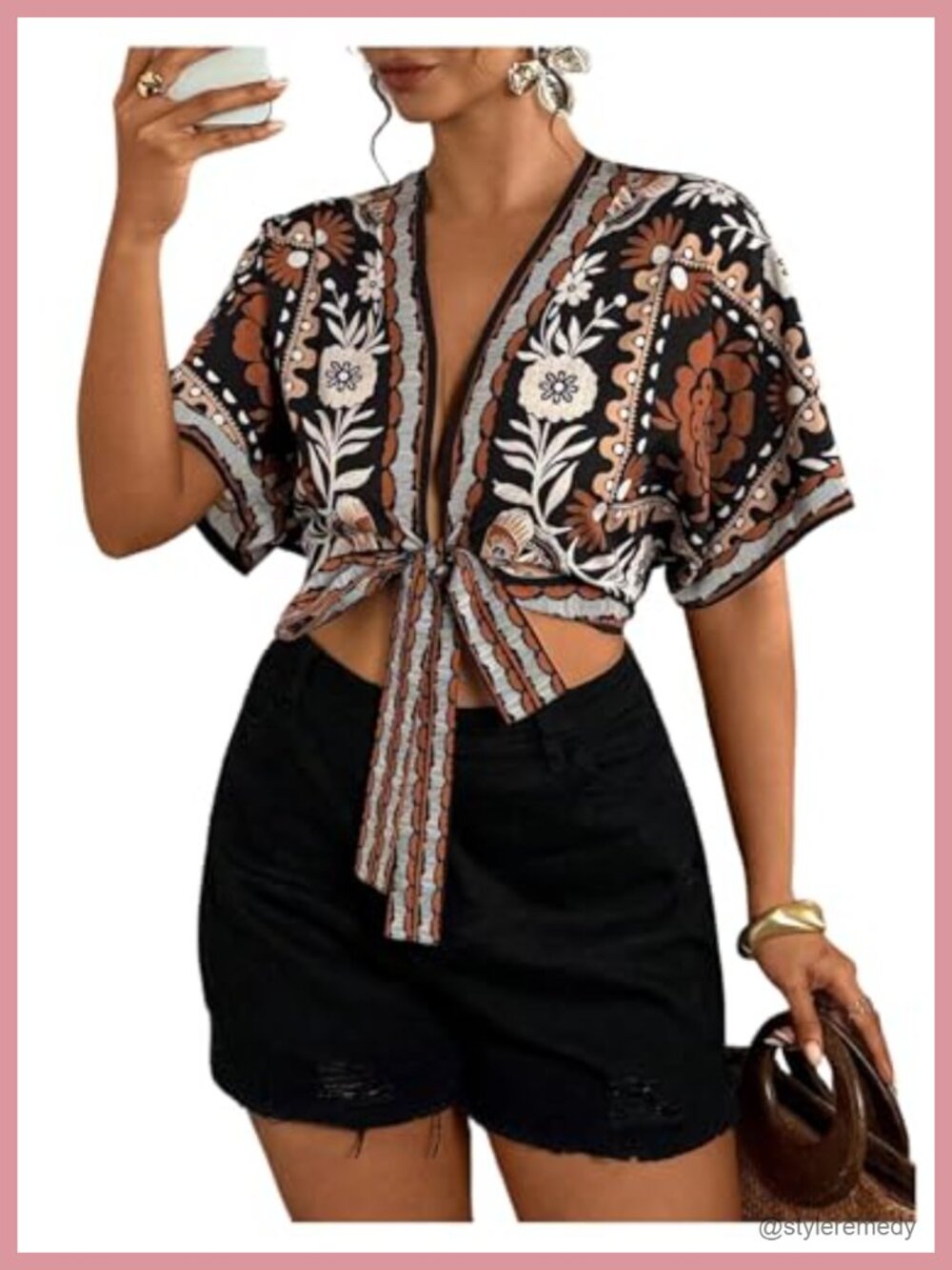 Women's Plus Size Floral Boho Crop Top Tie Front Deep V Neck Short Sleeve Blouse
